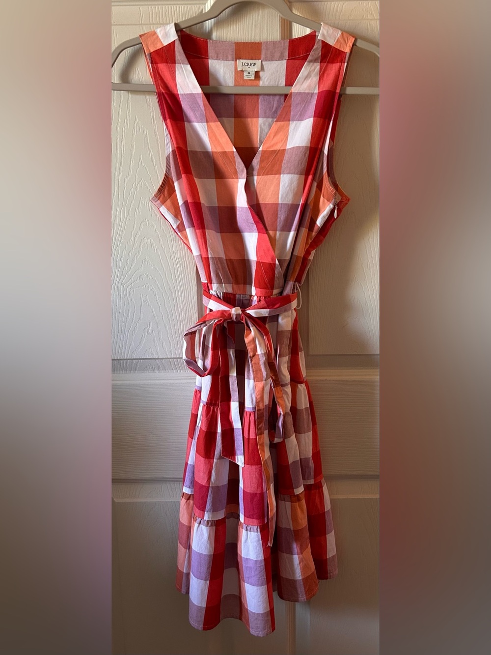 J Crew Fit & Flare Belted Tie Gingham Colorblock Sleeveless Summer Dress Sz 8 - Picture 9 of 9